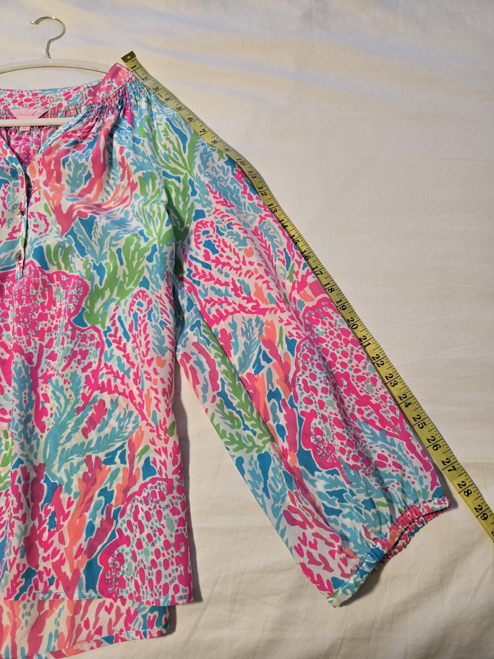 Lilly Pulitzer Elsa Silk Top Let's Cha Cha Pink Multi Coral-Print, Size L - Picture 11 of 15